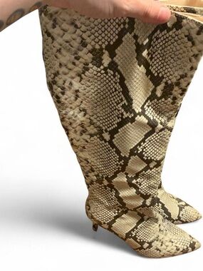 Nicole Miller Beige and Brown Snake-Print Over-the-Knee Boots